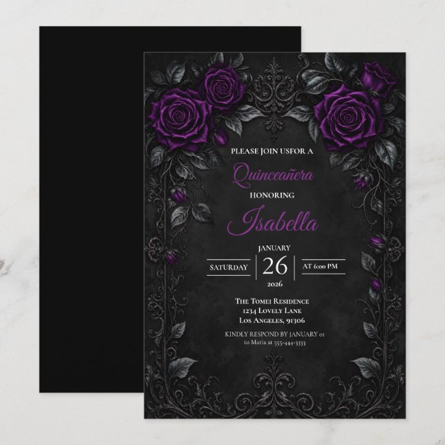 Invitation Vintage roses violettes Quinceañera (Devant / Derrière)