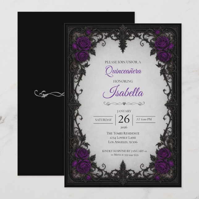 Invitation Vintage roses violettes Quinceañera (Devant / Derrière)