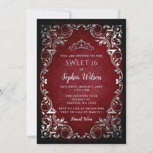 Invitation Vintage Rouge Argent Princesse Tiara Sweet 16