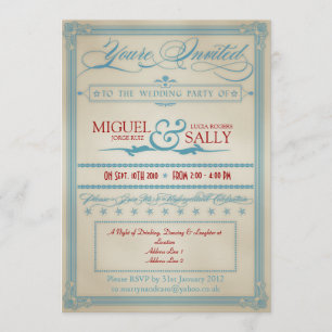 Invitation Vintage Rouge Blanc & Bleu Mariage en soirée uniqu
