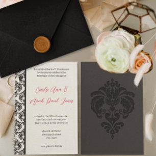 Invitation Vintage rouge et noir Mariage damassé