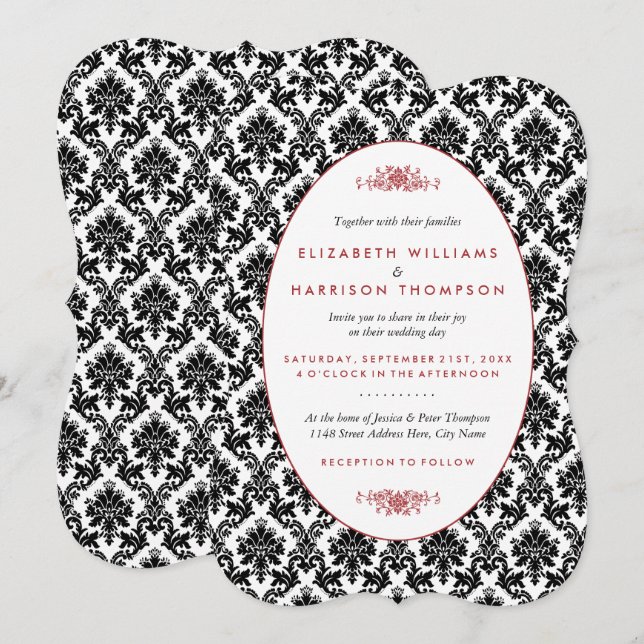 Invitation Vintage rouge, noir et blanc Mariage damassé (Devant / Derrière)