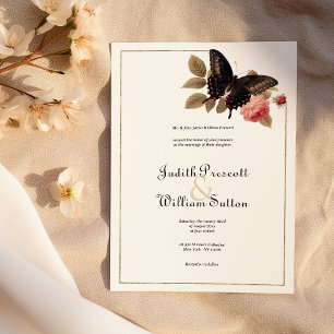 Invitation Vintage rouge rose papillon rose mariage floral