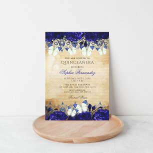 Invitation Vintage Royal Blue Floral Butterfly Quinceañera