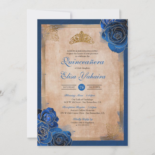 Invitation Vintage Royal Blue Gold Roses Royal Quinceanera (Devant)