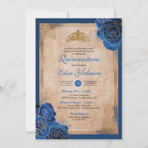 Invitation Vintage Royal Blue Gold Roses Royal Quinceanera