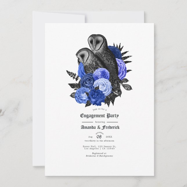 Invitation Vintage Royal Blue Owls Gothique Engagement Party (Devant)