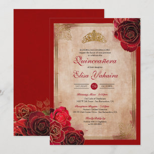 Invitation Vintage Ruby Red & Gold Roses Royal Quinceanera