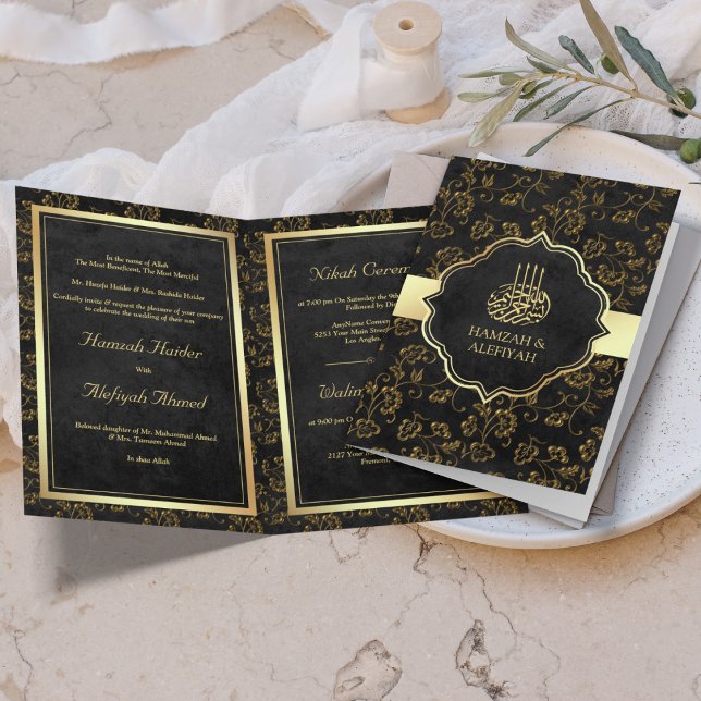 Invitation Vintage Russe Black Gold Filigree Mariage musulman (Créateur téléchargé)