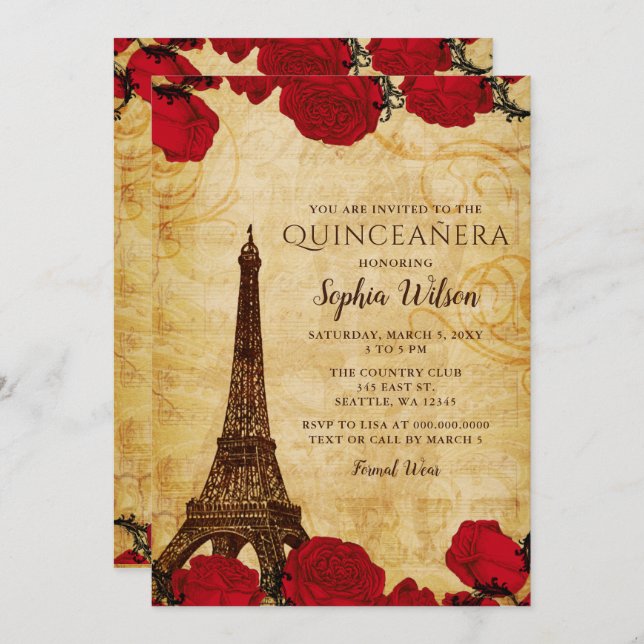 Invitation Vintage Russe Rose Tour Eiffel Quinceañera (Devant / Derrière)