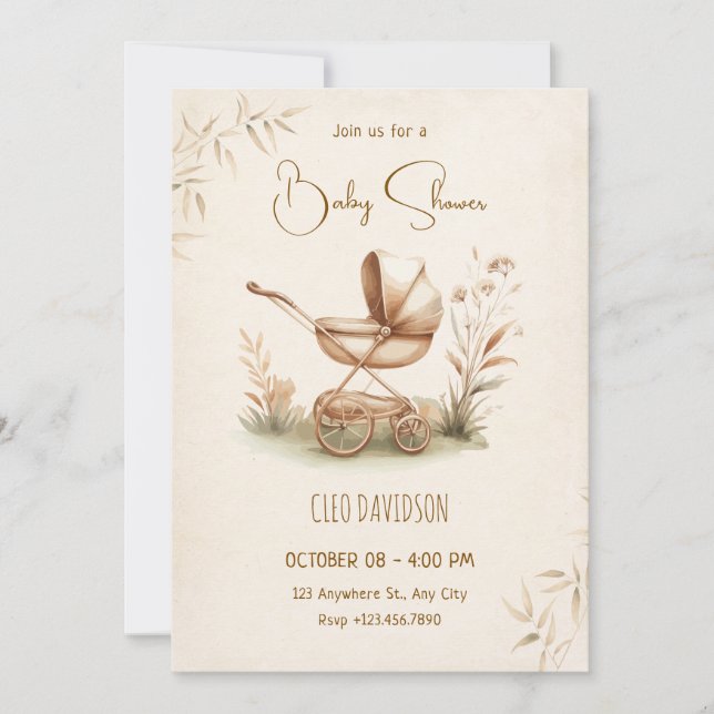 Invitation Vintage Rustic baby shower de poussette bébé (Devant)