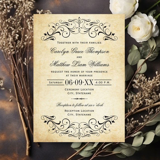 Invitation Vintage Rustic Black Flourish Mariage (Créateur téléchargé)