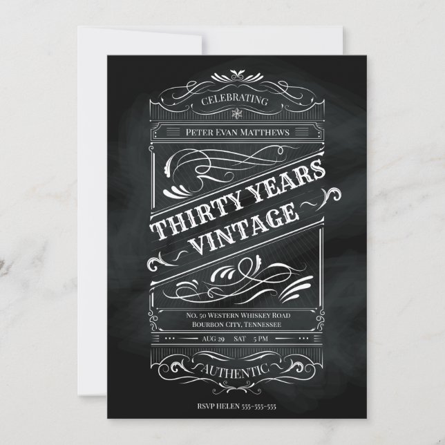 Invitation Vintage Rustic Chalkboard 30th Birthday Man (Devant)