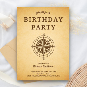 Invitation Vintage Rustic Compass fête d'anniversaire