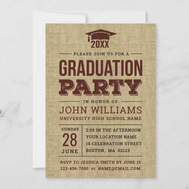 Invitation Vintage Rustic Country Burlap fête de graduation (Devant)