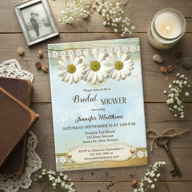 Invitation Vintage Rustic Country Daisy Bridal Shower  (Bridal shower invitation showing daisies on a watercolor background with rustic wood - with QR code)