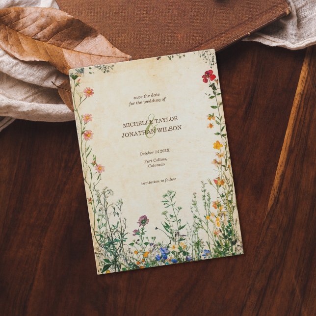 Invitation Vintage Rustic Fleur sauvage Botanical Enregistrer (vintage paper and meadow flowers)