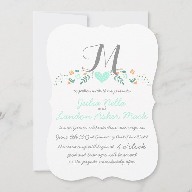 Invitation Vintage Rustic Folk Art Mint Mariage (Dos)