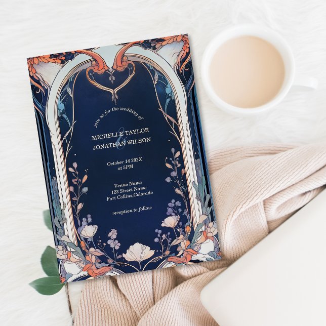 Invitation Vintage Rustic Navy Floral Art Nouveau (art nouveau alfonso mucha wedding invitation)