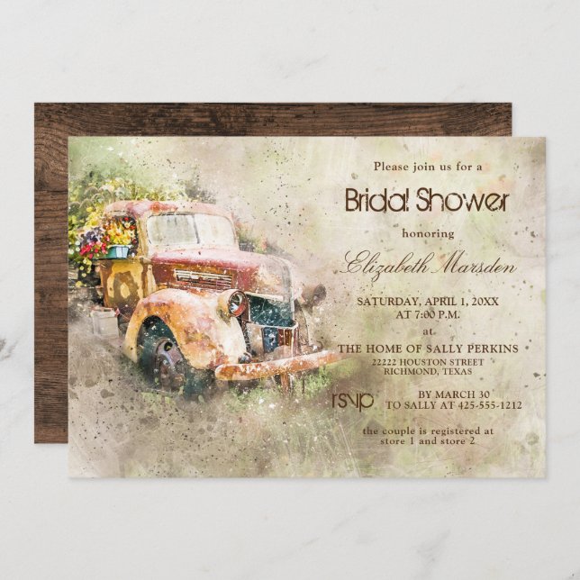 Invitation Vintage Rustic Truck Fête des mariées tendance (Devant / Derrière)