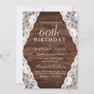 Invitation Vintage Rustic Wood dentelle 60e anniversaire Invi