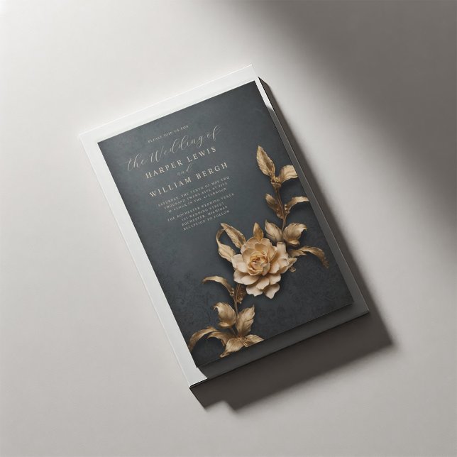 Invitation vintage rustique 3d mariage de feuillage métalliqu (3d golden metallic flowers wedding inviation)