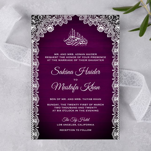 Invitation Vintage Rustique Dentelle Prune Violet Mariage Isl (Créateur téléchargé)