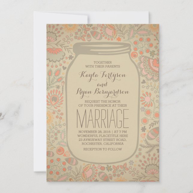 Invitation Vintage Rustique Floral Mason Jar Mariage (Devant)