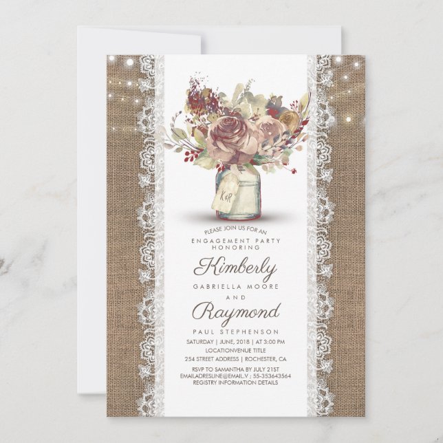 Invitation Vintage rustique Mason Jar | Burlap Engagement Par (Devant)
