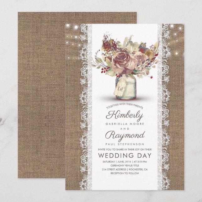 Invitation Vintage rustique Mason Jar | Mariage Burlap (Devant / Derrière)