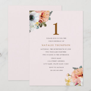 Invitation Vintage Rustique Pêche Floral 1er Anniversaire Inv