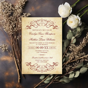 Invitation Vintage Rustique rouge foncé Mariage de parchemin