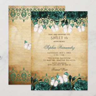 Invitation Vintage Rustique Vert Floral Papillon doux 16