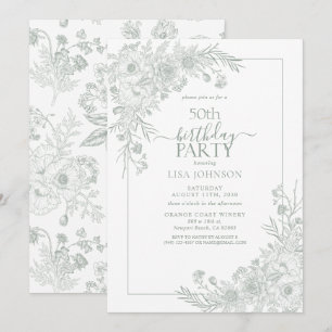Invitation Vintage Sage Green Floral Line Art 50e anniversair