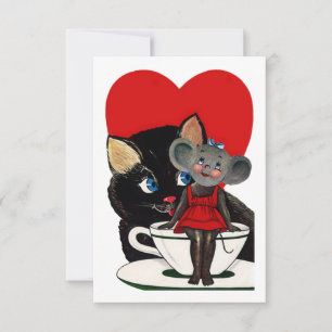Invitation Vintage Saint Valentin, Chat Mouse Tea Cup Coeur