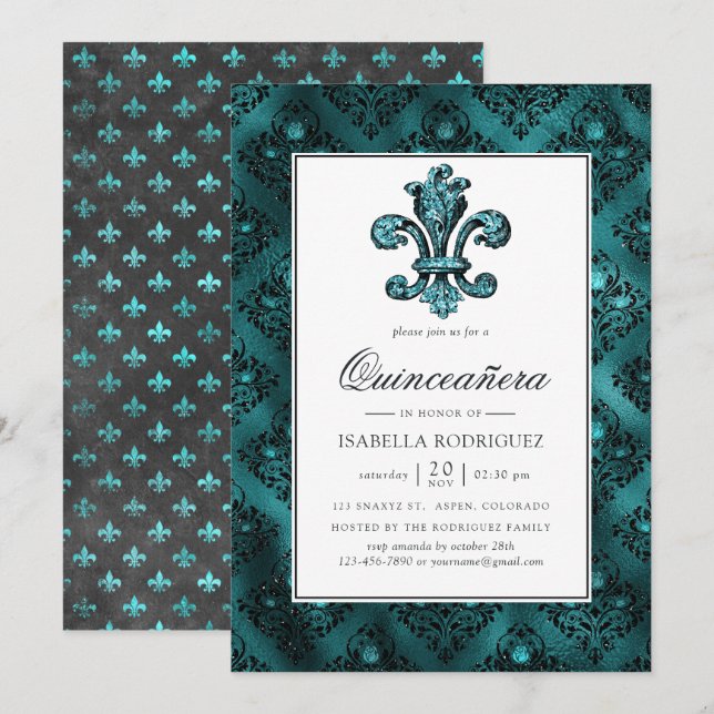 Invitation Vintage sarcelle - Turquoise Fleur de Lis Quinceañ (Devant / Derrière)