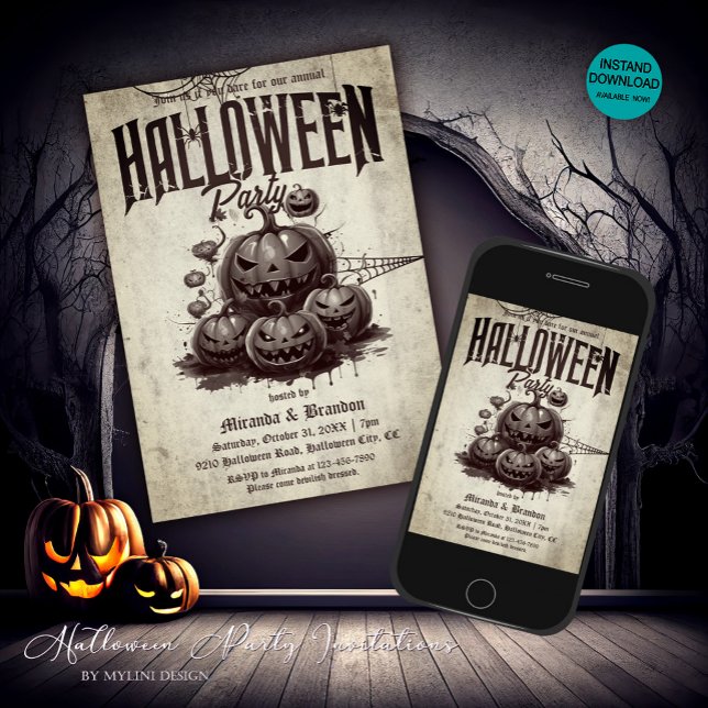 Invitation Vintage Scarry Pumpkins Adult Halloween Party  (Créateur téléchargé)