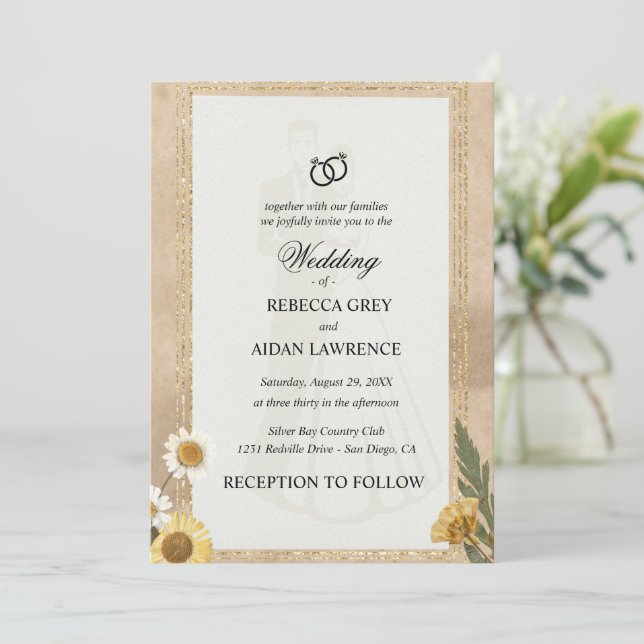 Invitation Vintage Scrapbook Wedding Invite Pressed Flowers (Debout devant)