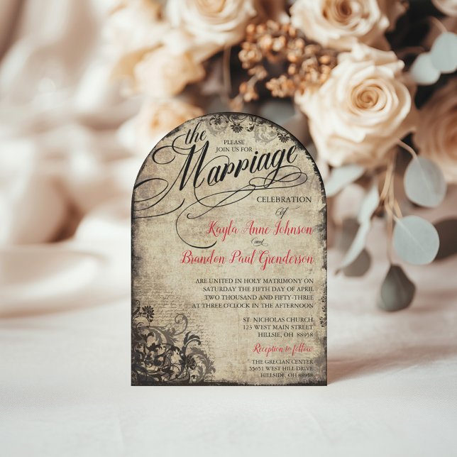 Invitation Vintage Script de calligraphie Mariage fleuri (Vintage Arched Wedding Invitation with cherry red text.)
