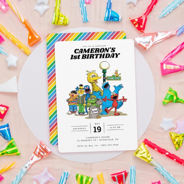 Invitation Vintage Sesame Street Caractères 1er anniversaire (Card on table)