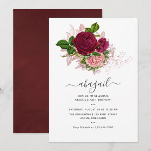 Invitation Vintage Shabby-Chic Blush et bordeaux Anniversaire