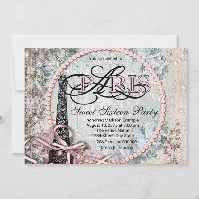 Invitation Vintage Shabby Chic Paris Sweet 16 Party (Devant)