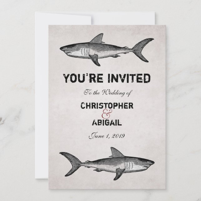 Invitation Vintage Shark Couple Destination Plage Mariage (Devant)