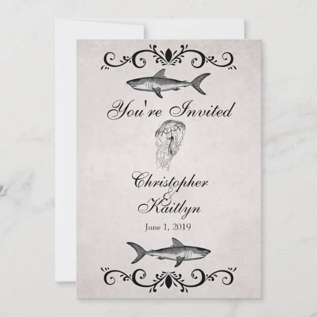 Invitation Vintage Sharks and Jellyfish Beach Mariage Invitat (Devant)