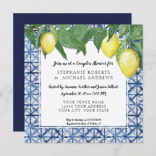 Invitation Vintage Shibori Indigo Blue w Lemon Couples Douche