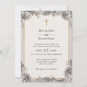 Invitation Vintage simple Floral Christian Cross Mariage