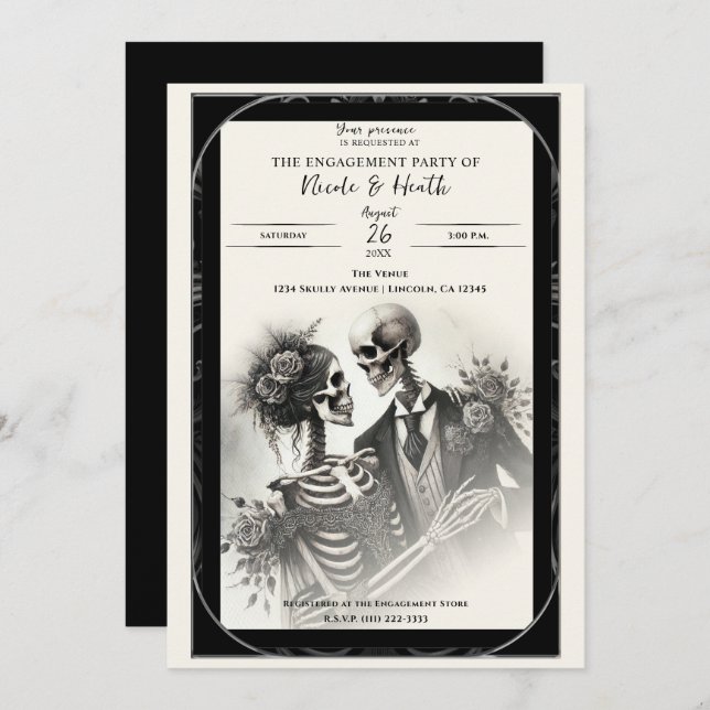 Invitation Vintage Skeleton Romance Gothique Engagement Party (Devant / Derrière)