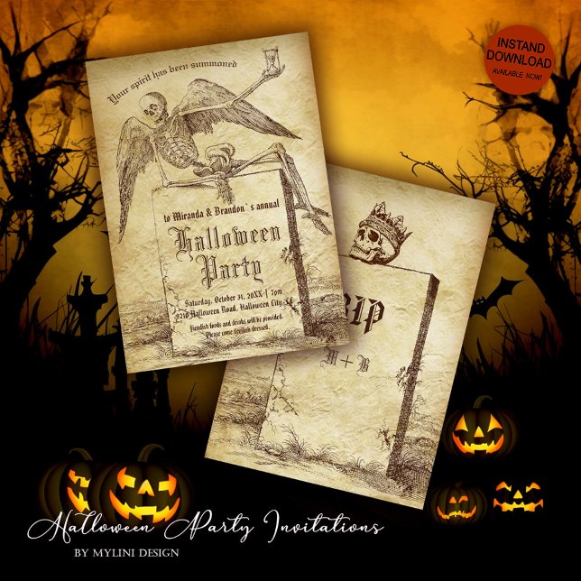 Invitation Vintage Skeleton Tombstone Gothique Halloween Part (Créateur téléchargé)