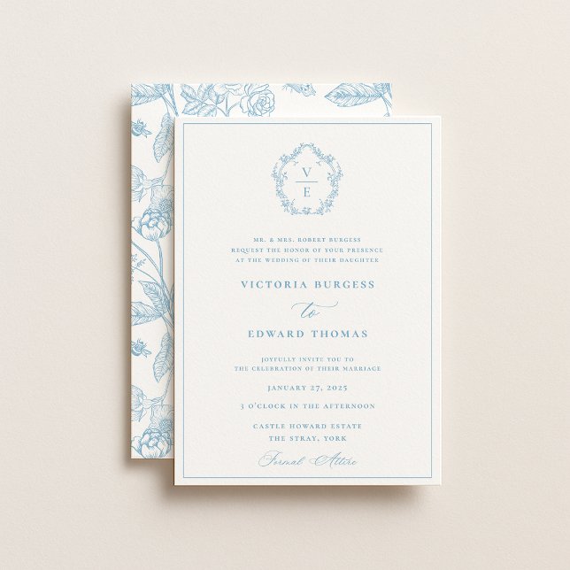 Invitation Vintage Sky Blue Crest Monogramme Mariage (Créateur téléchargé)