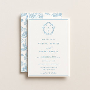 Invitation Vintage Sky Blue Crest Monogramme Mariage